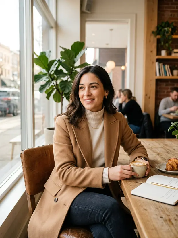 Campaign shot: model in a cafe location