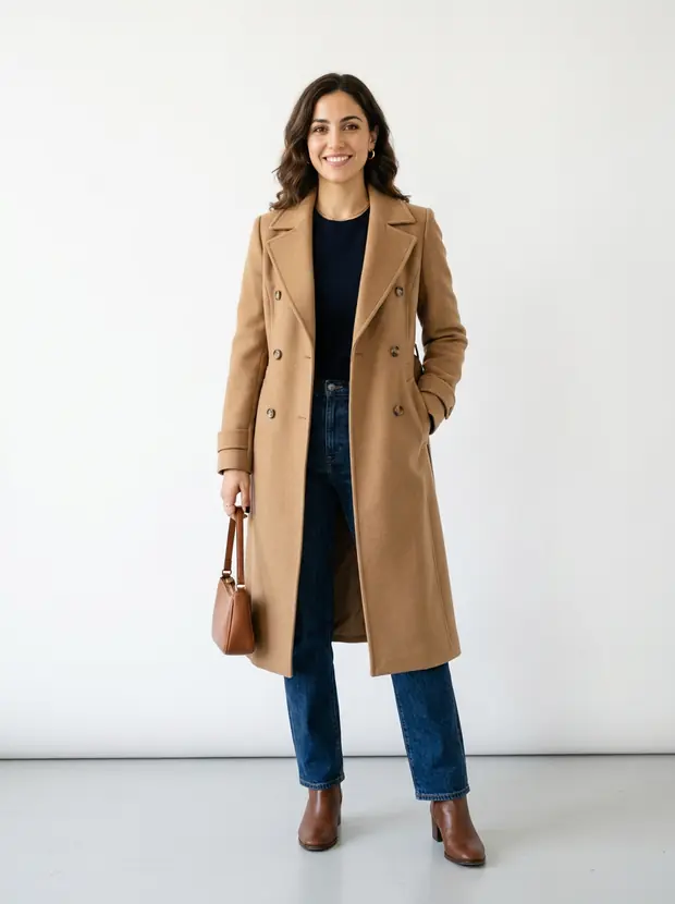 Campaign shot: model in a camel coat in a white studio