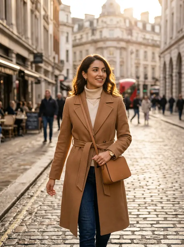 Campaign shot: model in a camel coat on a golden hour street