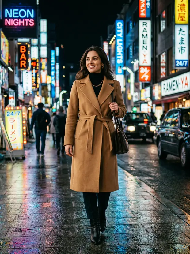 Campaign shot: model in a camel coat under neon night light