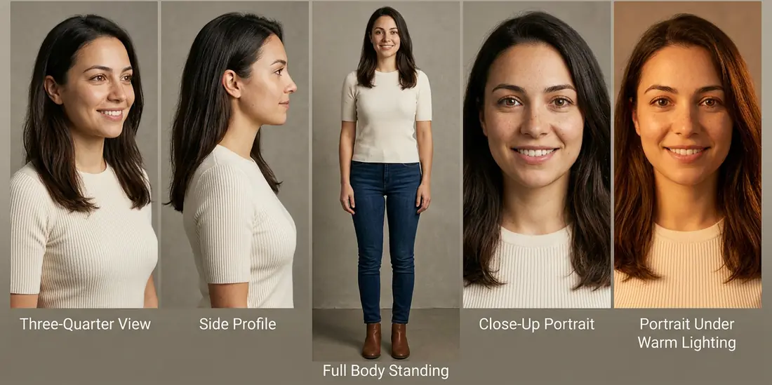 Character sheet with five consistent views of the same model, generated in Lumitra Studio