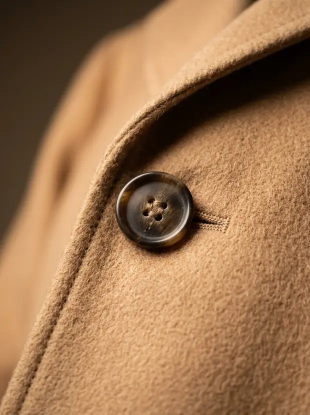 Detail shot of camel coat fabric and buttons