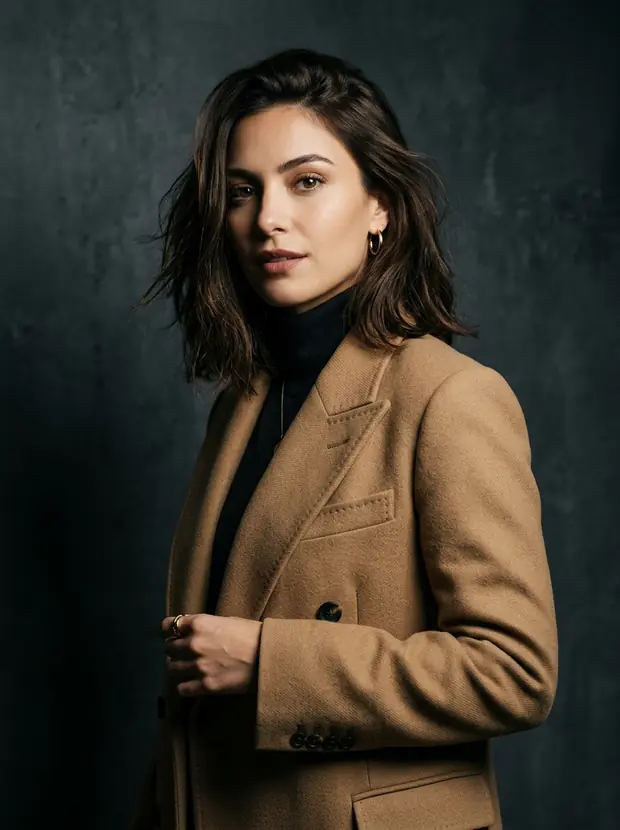 Editorial portrait of the same model in a camel coat